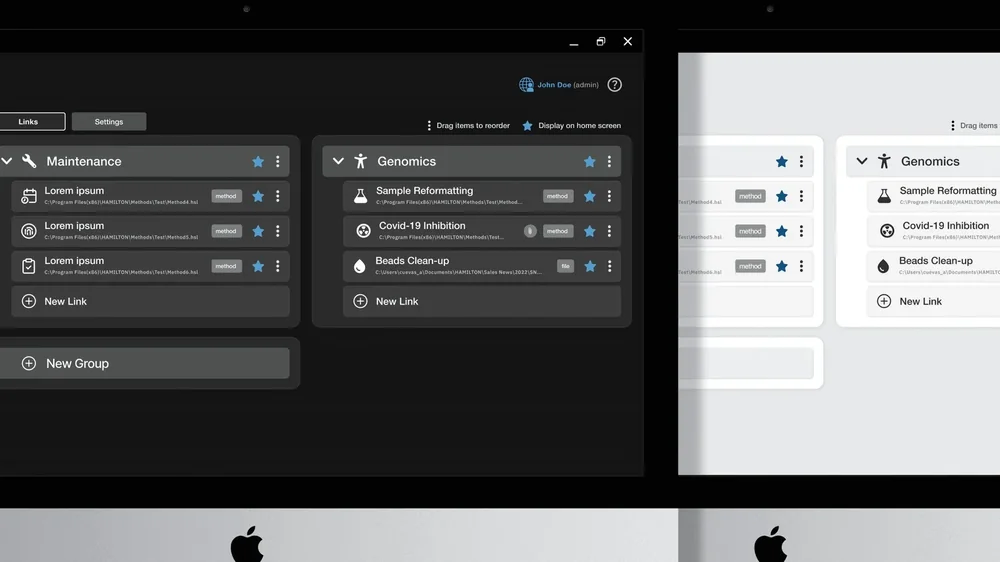 Hamilton lab-automation settings screen shown twice — identical layout rendered in dark and light themes from a single token set.