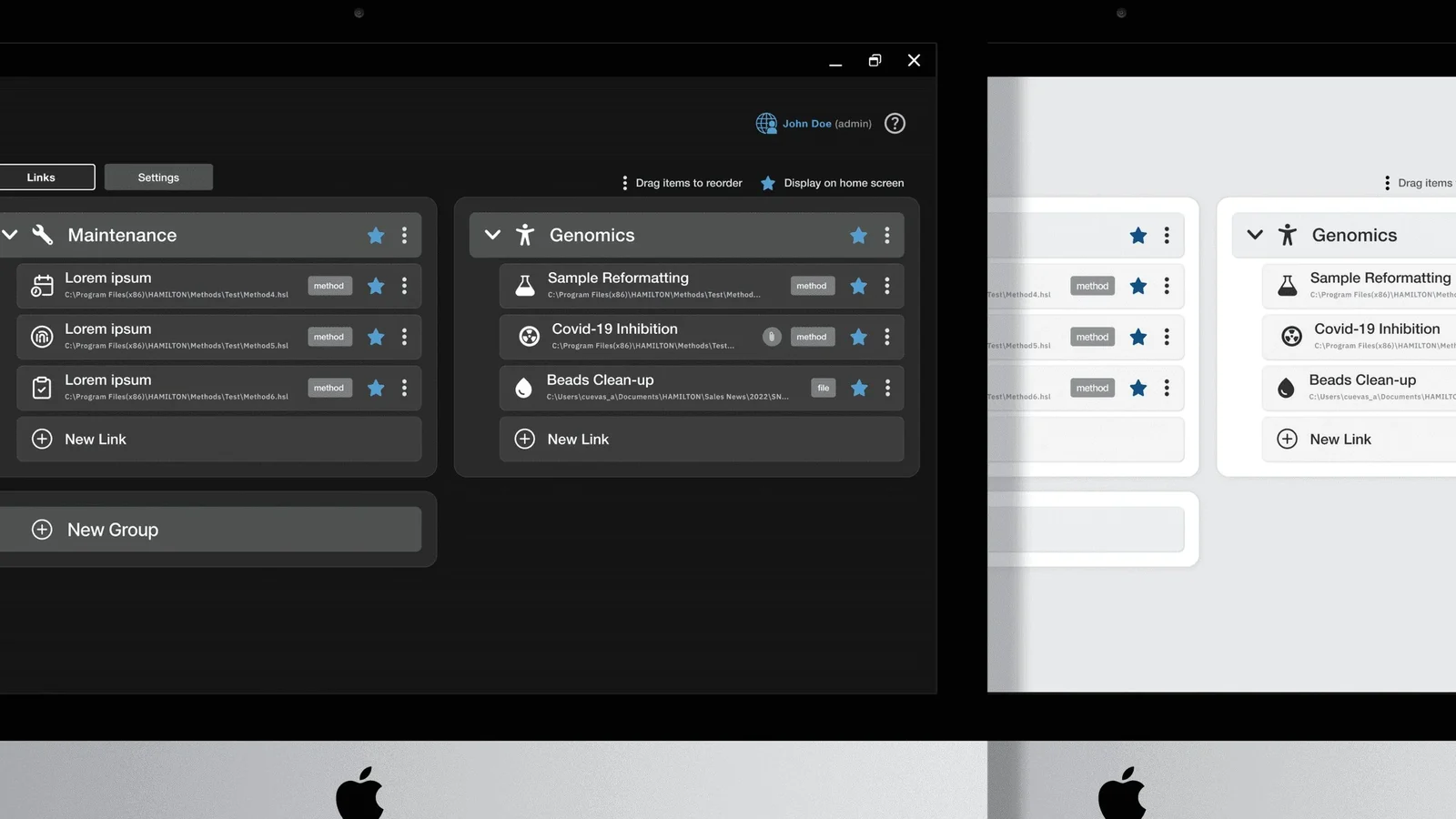 Hamilton enterprise UI — the same Settings screen rendered in dark and light themes from one set of design tokens
