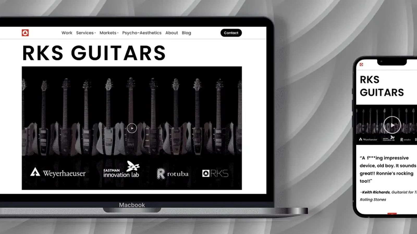 RKS Design website rebuild — the RKS Guitars showcase page rendered across laptop and phone
