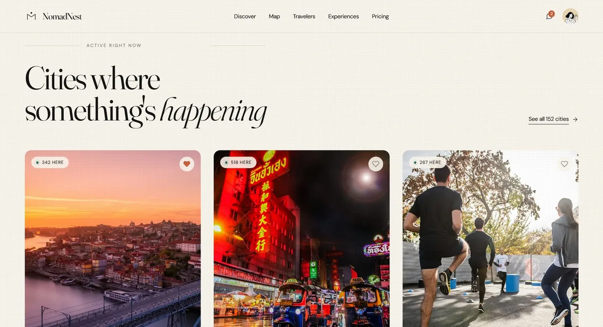 NomadNest Discover feed showing active cities with real-time traveler counts