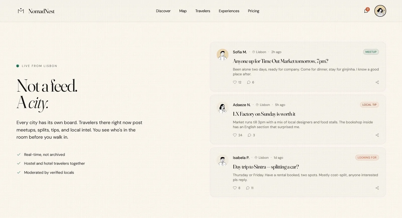 NomadNest Lisbon live board showing meetups, tips, and ride-splits forming in real time