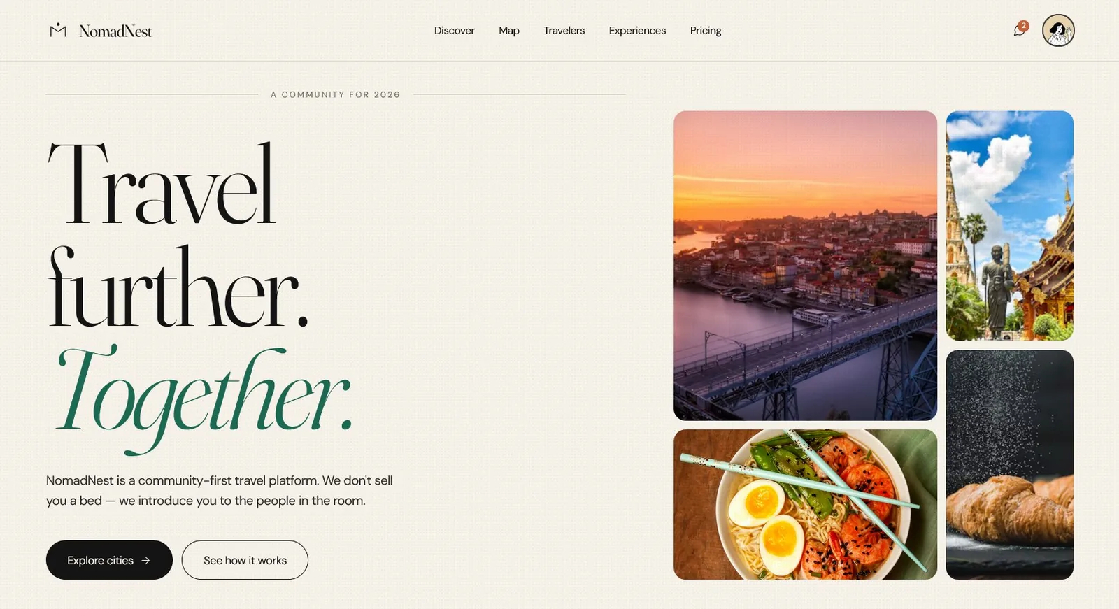 NomadNest community travel platform — the iOS prototype shown across multiple screens