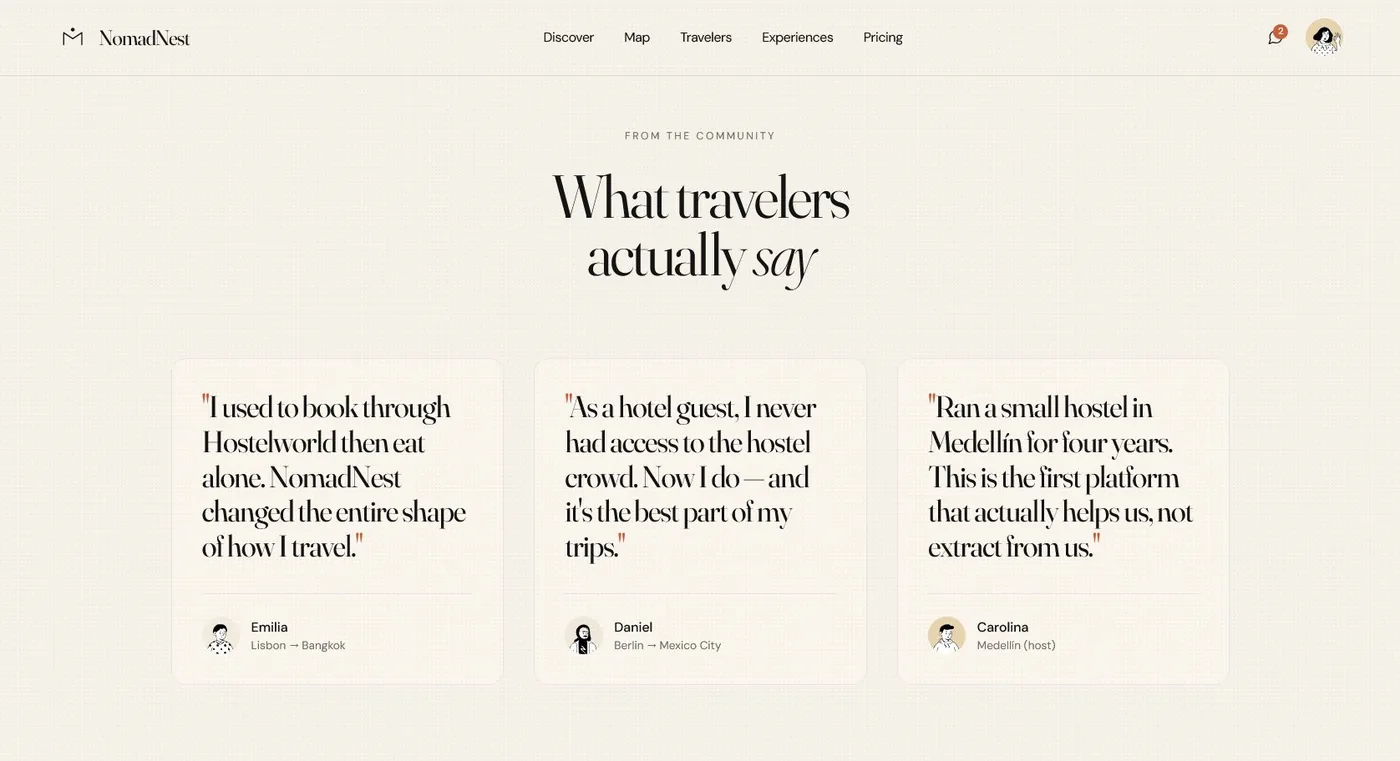 NomadNest community voice surface with verified first-person traveler narratives
