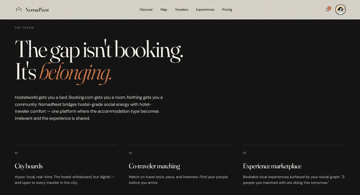 NomadNest brand thesis screen — belonging as the core product promise