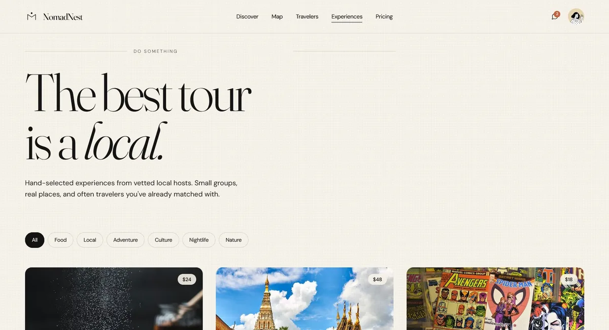NomadNest Experiences marketplace surfacing locally-hosted tours through the social graph